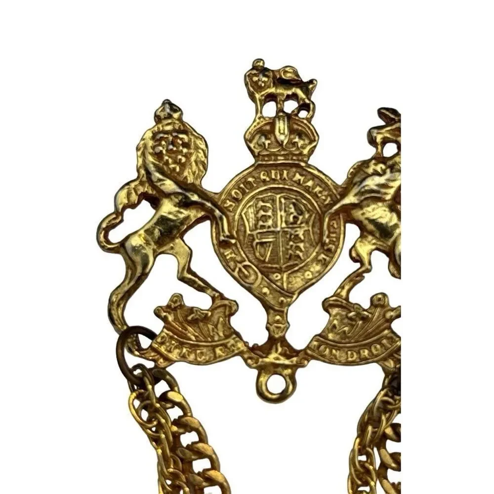 Vintage British Heraldic Double Chain Brooch Cloak Clasp Lion Crest